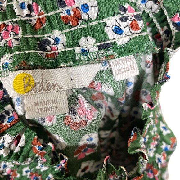 Boden Floral High Neck Shift Long Sleeve Dress Green Tie Belt Dress Size 14 - Picture 9 of 11